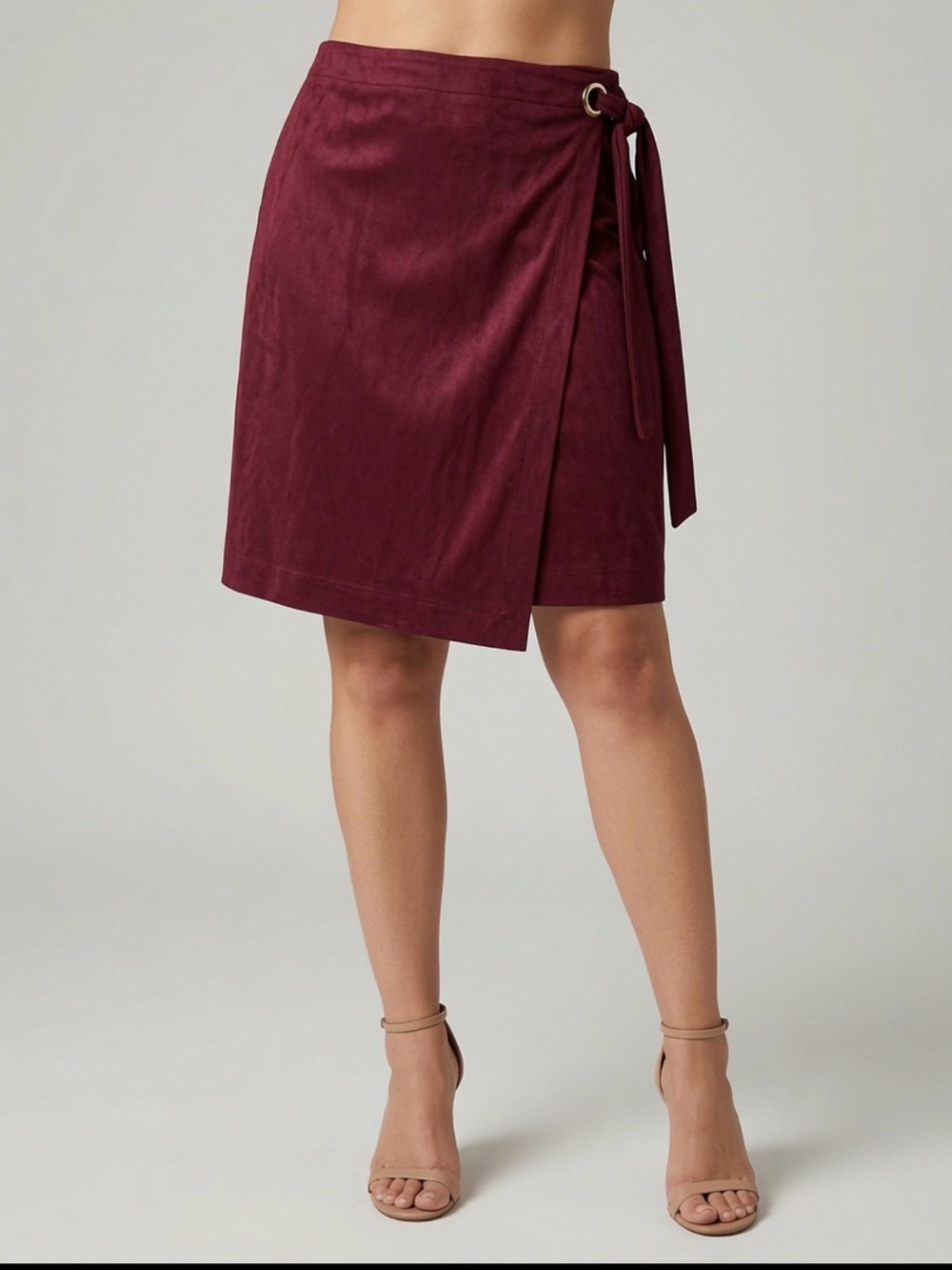Flirty and sophisticated Kensie Burgundy Wrap Mini Skirt with Side Tie